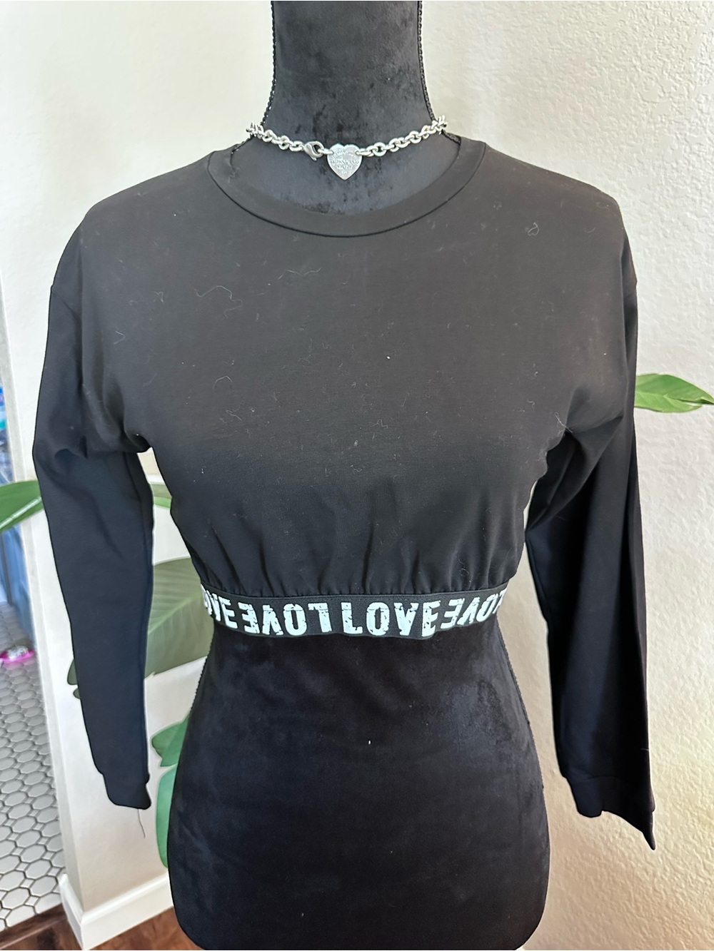 Black Cropped Long Sleeve Top with 'LOVE' Elastic Band